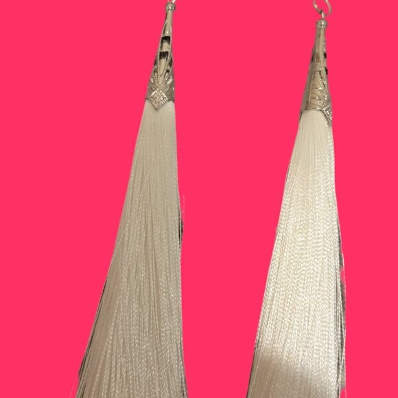 Long White Tassel Earrings~ 3 inches long w silver hooks - Picture 3 of 4